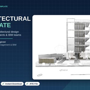 May include: A digital architectural BIM template for Revit featuring a sketch of a multi-story building. Text includes: ARCHITECTURAL BIM TEMPLATE, REVIT ARCHITECTURAL TEMPLATE, Ready-to-use architectural design template for architects & BIM teams, By a Licensed Civil Engineer, M.Sc. Construction Management & BIM, Revit 2022-2026, Instant Download, .RTE File.