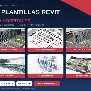 May include: A digital kit of Revit templates for hospitals, featuring six specialized categories: architecture, equipment, structures, plumbing, electrical, and mechanical systems. The graphic includes six preview thumbnails of 3D building models and technical diagrams, labeled with the text KIT PLANTILLAS REVIT PARA HOSPITALES and REVIT 2026.