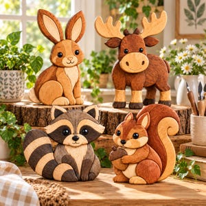 May include: A set of four handcrafted wooden animal figurines featuring a rabbit, a moose, a raccoon, and a squirrel holding an acorn. Each figure is constructed from various shades of natural wood, showcasing distinct grain patterns and smooth finishes.