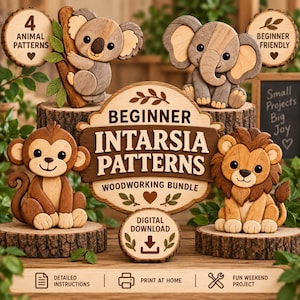 May include: A digital download bundle of beginner intarsia woodworking patterns featuring four wooden animal figures: a koala, an elephant, a monkey, and a lion. The central sign reads Beginner Intarsia Patterns Woodworking Bundle with icons.