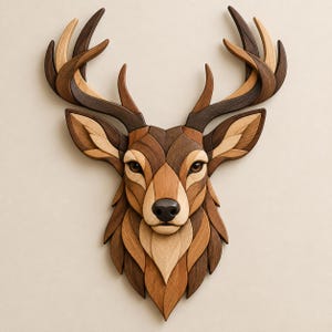 May include: A wall-mounted deer head sculpture crafted from layered wooden segments in varying shades of brown, tan, and cream. The piece features a detailed arrangement of interlocking wood pieces forming the face, ears, and large antlers.