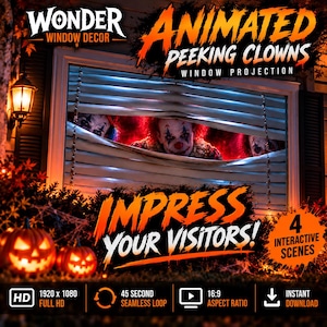 May include: A digital window projection product titled Wonder Window Decor Animated Peeking Clowns. The graphic features three clowns peering through white horizontal blinds with red lighting. Text includes Impress Your Visitors and 4 Interactive Scenes.