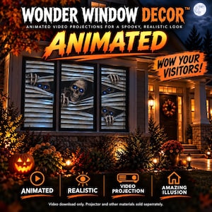Puede incluir: Una pantalla digital que muestra la ventana de una casa con esqueletos animados asomándose a través de persianas blancas. El texto dice WONDER WINDOW DECOR, ANIMATED, WOW YOUR VISITORS, ANIMATED, REALISTIC, VIDEO PROJECTION y AMAZING ILLUSION.