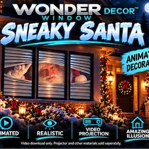 May include: Wonder Window Sneaky Santa animated decoration featuring a video projection of Santa Claus peeking through window blinds. The display includes text labels for animated, realistic, video projection, and amazing illusion features.
