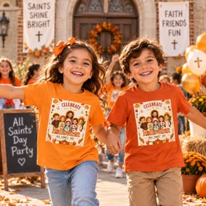 May include: Two children wearing orange t-shirts featuring a graphic print that says Celebrate Halloween All Saints Day with illustrations of saints, pumpkins, and autumn leaves. The shirts have a crew neck and short sleeves, made of cotton fabric.