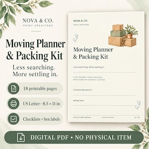 Könnte beinhalten: Ein digitales Umzugsplaner- und Packset von Nova & Co. Print Creations. Das Dokument enthält 18 druckbare Seiten im Format 21,6 x 27,9 cm, inklusive Checklisten und Kartonetiketten. Das Deckblatt zeigt eine Illustration von Umzugskartons und einem Schlüssel.
