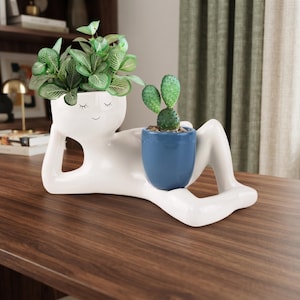 Lazy Little Person Planter, Smiley Face Succulent Pot, Quirky Desk Decor, Cute Funny Plant Pot, Whimsical Home Decor, Unique Gift