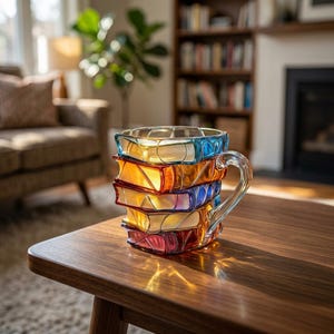 Può includere: Una tazza in vetro trasparente a forma di pila di quattro libri. La tazza presenta sezioni colorate traslucide in blu, arancione, viola, giallo e rosso, con un manico in vetro curvo sul lato che imita i dorsi dei libri impilati.