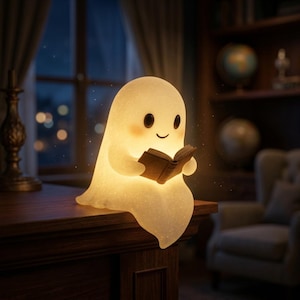 May include: A glowing, translucent, off-white ghost-shaped lamp with a smooth, rounded head, small black eyes, and a subtle smile. The figure is holding a small, open brown book in its hands, emitting a soft, warm light from within.