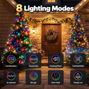 May include: Two Christmas trees decorated with multicolored LED string lights flank a wooden front door with a wreath. The text 8 Lighting Modes appears above, with eight icons below labeled Combination, Sequential, Chasing/Flash, Twinkle/Flash, In waves, Slo-glo, Slow fade, and Steady on.