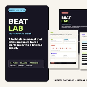 Op de afbeelding: Een digitaal handboek van 24 pagina's getiteld Beat Lab The Guided Build System voor Ableton Live. Het document bevat invulbare en printbare pagina's met lessen, voorbeelden en snelkoppelingen voor muziekproductie, in een donker thema.