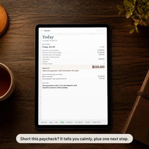May include: A digital tablet displaying a financial planning application with a budget summary titled Today, showing a paycheck shortfall of $110.00, with text reading Short this paycheck? It tells you calmly, plus one next step.