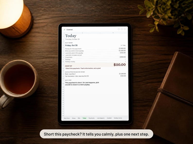 May include: A digital tablet displaying a financial planning application with a budget summary titled Today, showing a paycheck shortfall of $110.00, with text reading Short this paycheck? It tells you calmly, plus one next step.