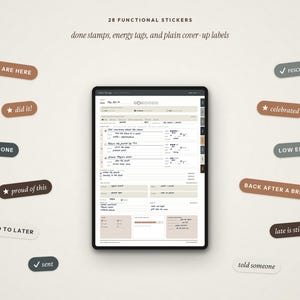 May include: A digital planner displayed on a tablet screen surrounded by 28 functional stickers in muted earth tones. The stickers feature text such as YOU ARE HERE, did it!, DONE, proud of this, MOVED TO LATER, sent, rescued, celebrated, LOW ENERGY, and more.