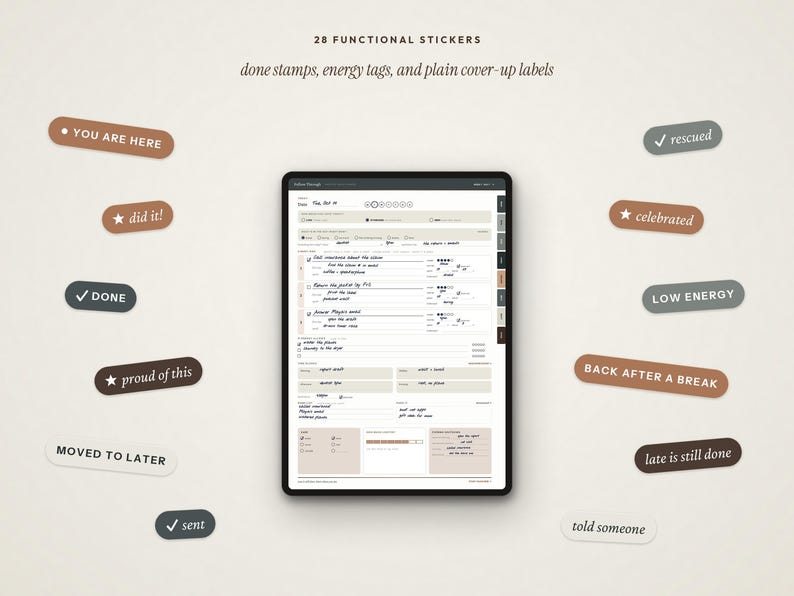 May include: A digital planner displayed on a tablet screen surrounded by 28 functional stickers in muted earth tones. The stickers feature text such as YOU ARE HERE, did it!, DONE, proud of this, MOVED TO LATER, sent, rescued, celebrated, LOW ENERGY, and more.