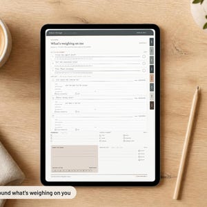 May include: A digital tablet displaying a white planner page titled What's weighing on me with sections for to-do lists, daily goals, and habit tracking. The interface features a dark gray top navigation bar, side tabs, and a light beige bottom box.