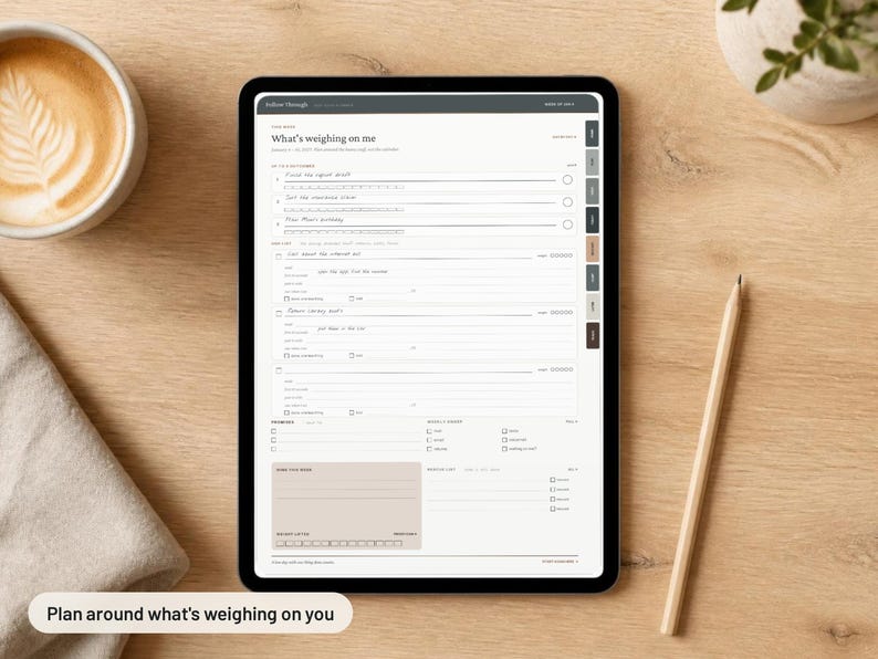 May include: A digital tablet displaying a white planner page titled What's weighing on me with sections for to-do lists, daily goals, and habit tracking. The interface features a dark gray top navigation bar, side tabs, and a light beige bottom box.