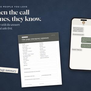 May include: A white one-page emergency summary form with black text and lines for medical information, accompanied by a smartphone displaying a text message conversation about medical details, set against a dark blue background with white text.