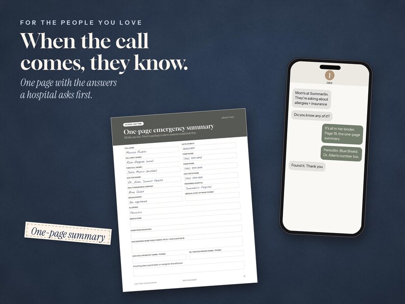 May include: A white one-page emergency summary form with black text and lines for medical information, accompanied by a smartphone displaying a text message conversation about medical details, set against a dark blue background with white text.