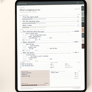 May include: A digital tablet displaying a productivity planner page titled Follow Through. The interface features sections for tasks, outcomes, and promises with handwritten notes, checkboxes, and a sidebar with colored tabs for navigation.