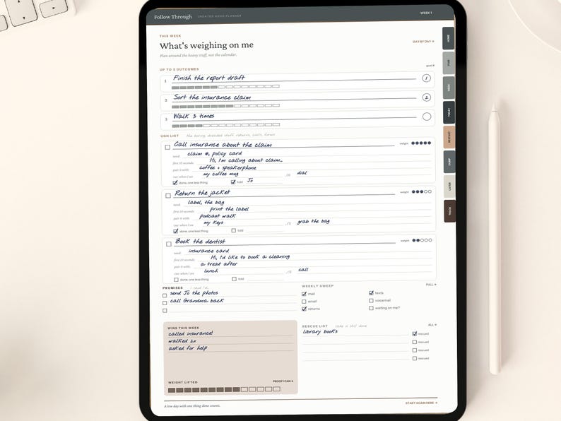 May include: A digital tablet displaying a productivity planner page titled Follow Through. The interface features sections for tasks, outcomes, and promises with handwritten notes, checkboxes, and a sidebar with colored tabs for navigation.