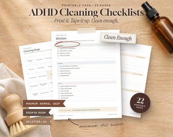 May include: A printable pack of 22 ADHD cleaning checklists featuring room-by-room guides, cleaning bingo, and task lists categorized by minimum, normal, and deep cleaning levels. The documents include US letter and A4 sizing options.