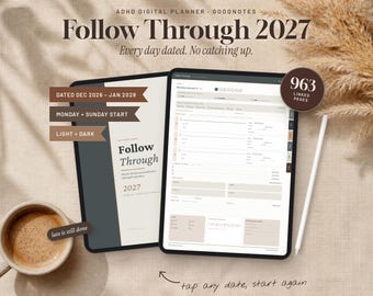 2027 ADHD Digital Planner for Goodnotes | Dated iPad Planner, Hyperlinked, Monday or Sunday Start, Light & Dark