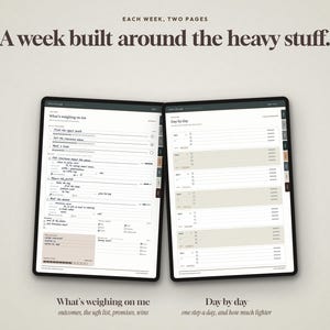 May include: A digital planner displayed on two screens featuring the text A week built around the heavy stuff. The left page is titled What's weighing on me and the right page is titled Day by day, both containing structured lists and checkboxes.