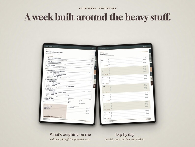 May include: A digital planner displayed on two screens featuring the text A week built around the heavy stuff. The left page is titled What's weighing on me and the right page is titled Day by day, both containing structured lists and checkboxes.