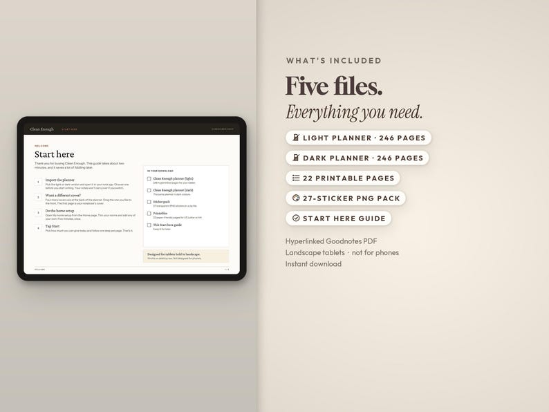 May include: A digital tablet displaying a Start Here guide for a planner. The text lists five included files: a light planner with 246 pages, a dark planner with 246 pages, 22 printable pages, a 27-sticker PNG pack, and a start here guide for tablets.