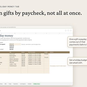 May include: A digital spreadsheet interface titled Holiday money, featuring columns for gift recipients, items, amounts, and paydays. Text reads: New - Holiday Money Tab. Plan gifts by paycheck, not all at once. Includes callout boxes explaining budget tracking.