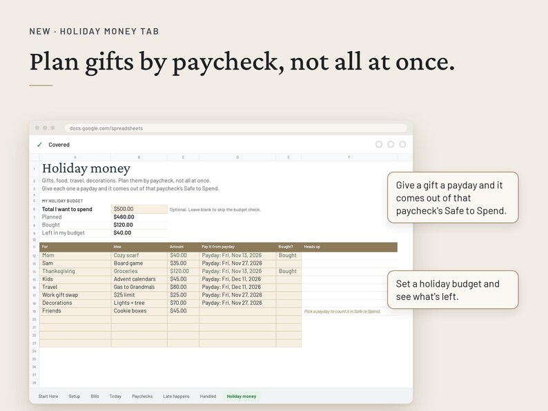 May include: A digital spreadsheet interface titled Holiday money, featuring columns for gift recipients, items, amounts, and paydays. Text reads: New - Holiday Money Tab. Plan gifts by paycheck, not all at once. Includes callout boxes explaining budget tracking.