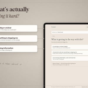 May include: A digital interface display titled What's actually making it hard? featuring three selection buttons for Too big or unclear, Something is stopping me, and Missing information, alongside a tablet screen showing a corresponding questionnaire.