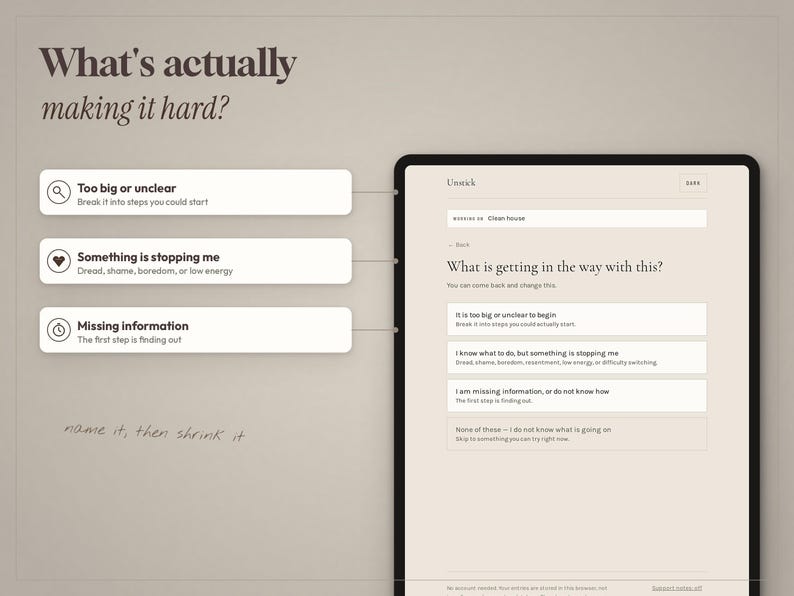May include: A digital interface display titled What's actually making it hard? featuring three selection buttons for Too big or unclear, Something is stopping me, and Missing information, alongside a tablet screen showing a corresponding questionnaire.