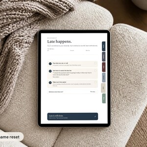 May include: A digital tablet displaying a financial planning interface with the heading Late happens. The screen features a checklist for managing overdue bills, including steps to pay, request fee waivers, and set reminders, with a dark blue footer.