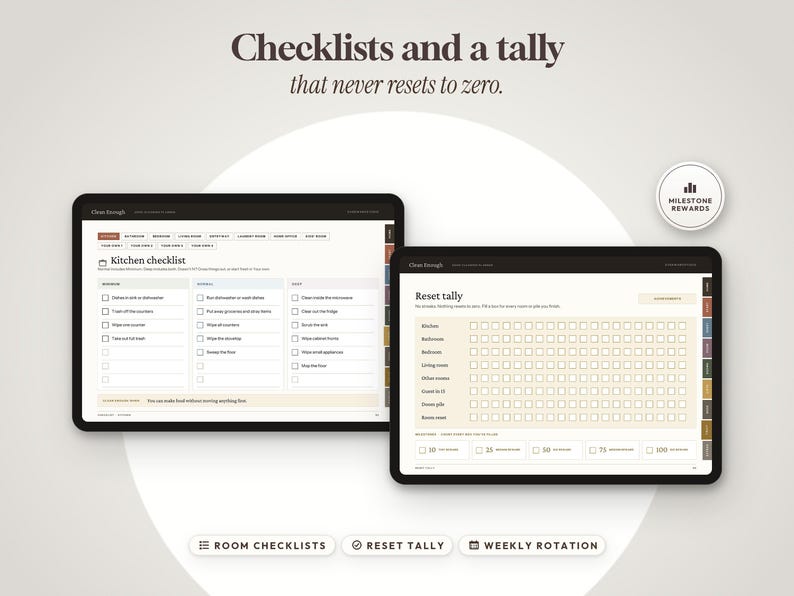 May include: Two digital tablet screens displaying a cleaning organization system. The left screen shows a kitchen checklist with tasks, while the right screen displays a reset tally tracker. Text includes "Checklists and a tally that never resets to zero."