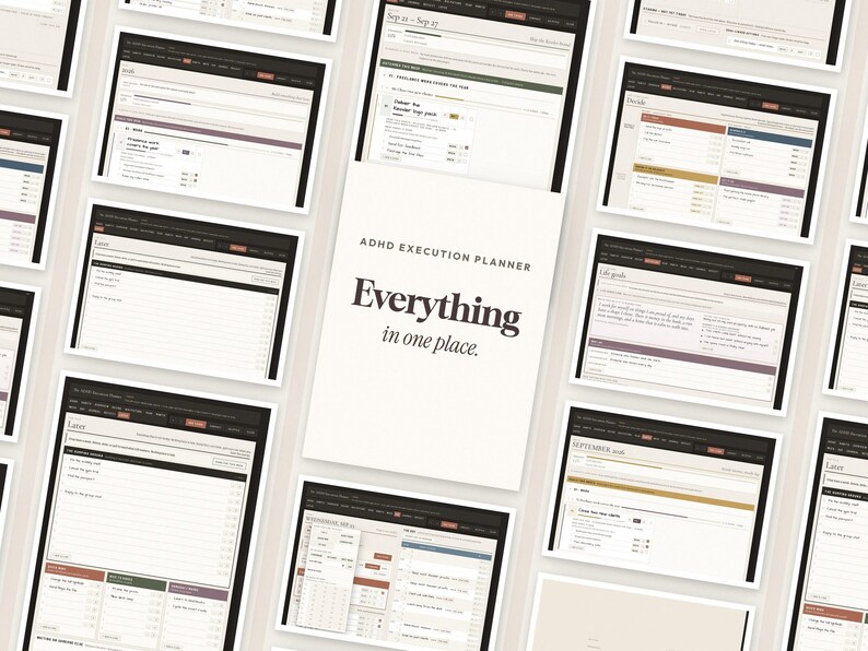May include: A digital planner titled ADHD Execution Planner with the text Everything in one place, surrounded by multiple screenshots of various organizational dashboard layouts featuring task lists, goal trackers, and calendar views in a neutral color palette.