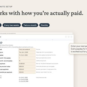 May include: A digital spreadsheet interface titled Setup, featuring input fields for pay frequency, start dates, and paycheck amounts. Text includes Five-minute setup, Works with how you're actually paid, and a callout box stating Enter your next payday.