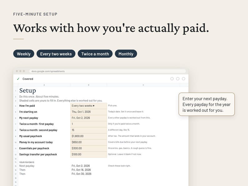 May include: A digital spreadsheet interface titled Setup, featuring input fields for pay frequency, start dates, and paycheck amounts. Text includes Five-minute setup, Works with how you're actually paid, and a callout box stating Enter your next payday.
