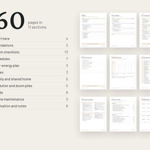 May include: A digital planner document featuring 60 pages organized into 11 sections including Start here, Foundations, Room checklists, Schedules, Low-energy plan, Zones, Family and shared home, Declutter and doom piles, Cards, Home maintenance, and Motivation and notes.
