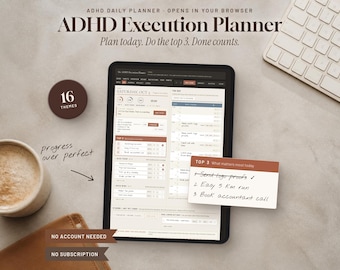 May include: A digital ADHD Execution Planner displayed on a tablet screen, featuring sections for daily tasks, top three priorities, and progress tracking. The interface includes text labels like Saturday, Oct 3, and Top 3 What matters most today.