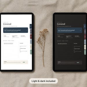 May include: Two digital tablets displaying a financial planner template titled Covered, featuring light and dark mode versions. The interface includes sections for bills, subscriptions, and payday tracking with side navigation tabs and a text label below.