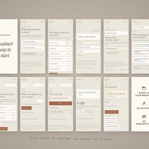 May include: A series of twelve mobile application interface screens in a light beige color palette. The screens display text-based prompts, input fields, and buttons for a productivity tool titled Unstick, featuring a timer and task lists.