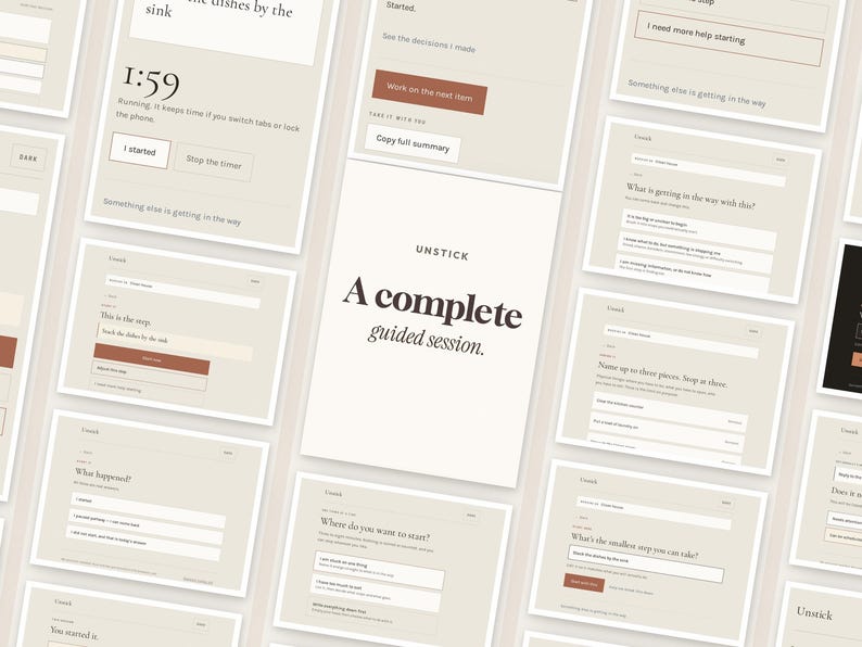 May include: A collection of digital interface screens with a beige color palette, featuring the text Unstick and A complete guided session. The layouts include various prompts, buttons, and timer displays for task management and productivity.