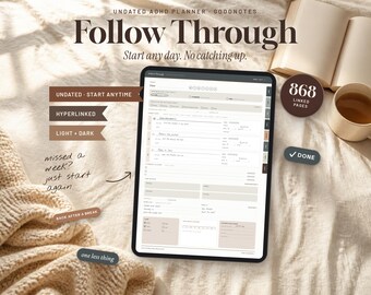 May include: A digital tablet displaying an undated ADHD planner with the title Follow Through. The interface features sections for daily tasks, notes, and habit tracking. Text labels include Undated - Start Anytime, Hyperlinked, Light + Dark, and 868 Linked Pages. The screen shows a clean, organized layout with checkboxes and input fields for daily planning.