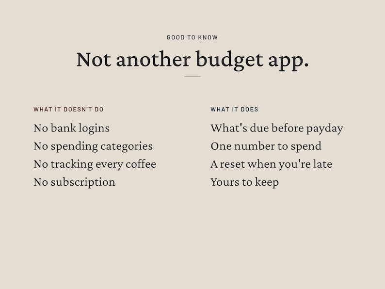 May include: A beige informational graphic with black text titled Good to Know Not another budget app. It lists What it doesn't do: No bank logins, No spending categories, No tracking every coffee, No subscription. It lists What it does: What's due before payday, One number to spend, A reset when you're late, Yours to keep.
