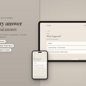 May include: A digital interface displayed on a tablet and smartphone featuring the text Honest Outcomes, Every answer is a real answer, and the question What happened? with three selectable options: I started, I paused partway, and I did not start.