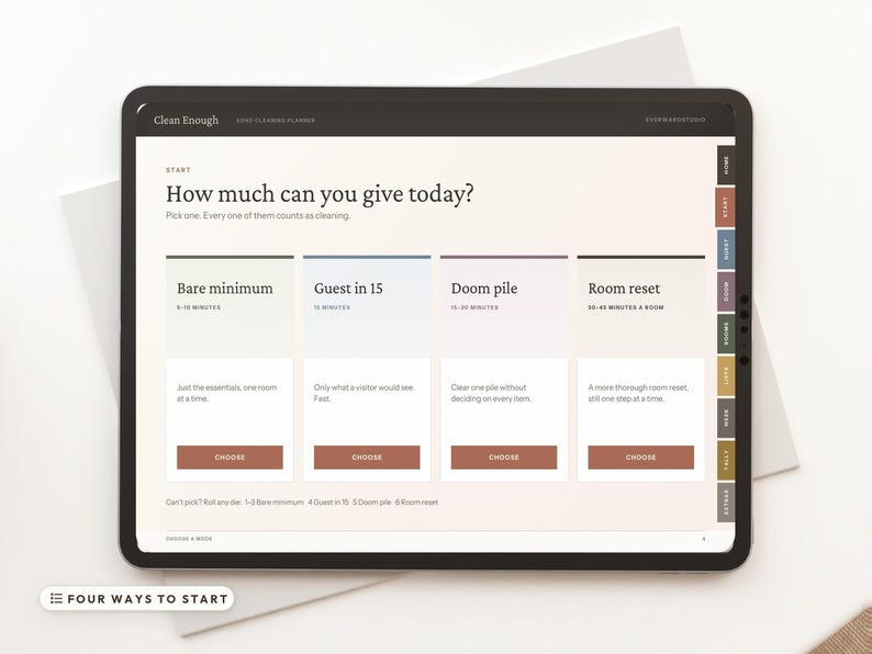 May include: A digital tablet displaying a cleaning planner interface titled "Clean Enough." The screen features four task options: Bare minimum, Guest in 15, Doom pile, and Room reset, each with a "Choose" button and specific time estimates.