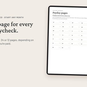 May include: A digital planner page displayed on a tablet screen featuring the text Payday pages, Undated, Start any month, and A page for every paycheck. The layout includes numbered boxes from 01 to 28 with checkboxes and a side navigation tab menu.
