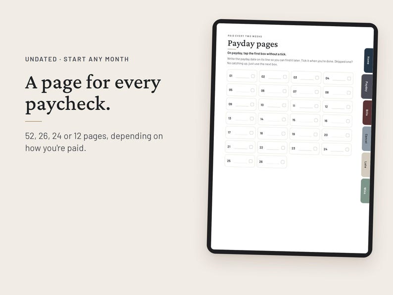 May include: A digital planner page displayed on a tablet screen featuring the text Payday pages, Undated, Start any month, and A page for every paycheck. The layout includes numbered boxes from 01 to 28 with checkboxes and a side navigation tab menu.